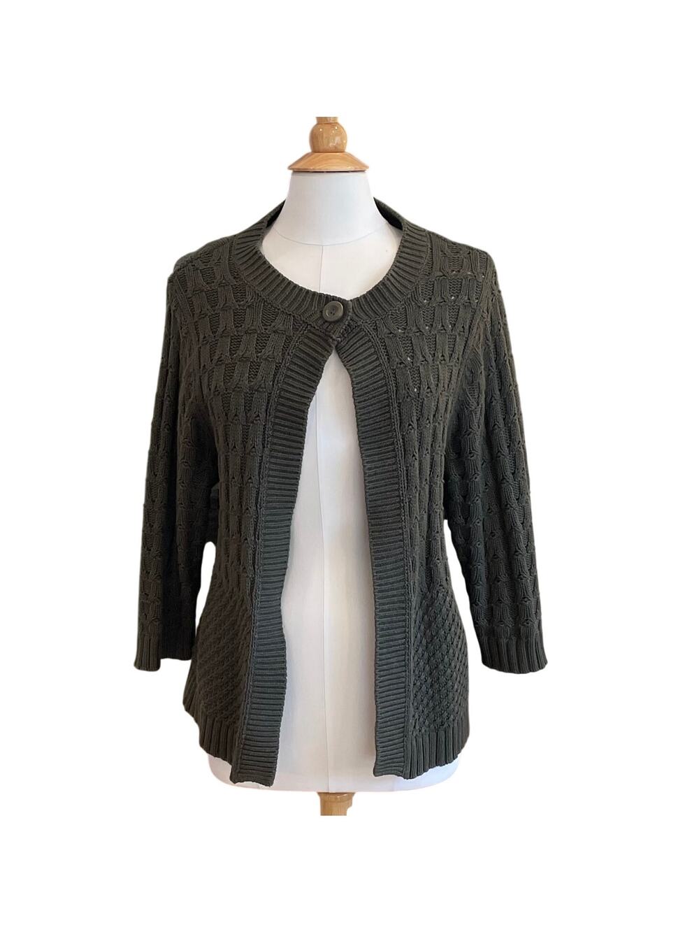 Croft & Barrow Cotton Blend Khaki Green 3/4 Sleeve Cable Open Knit Cardigan, 1X
